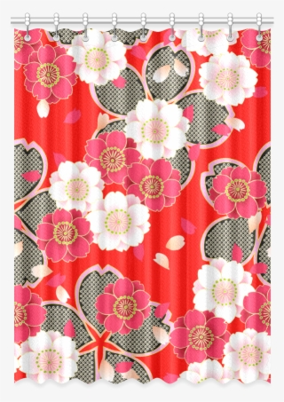 Red White Japanese Kimono Pattern Window Curtain 52" - Window Valance #7956070
