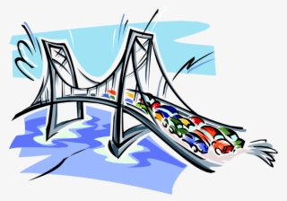 Vector Illustration Of Suspension Bridge In Rush Hour - Bridge With Cars Clipart #7972481