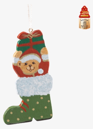 Teddy In Christmas Boot, Green - Christmas Ornament #7977170