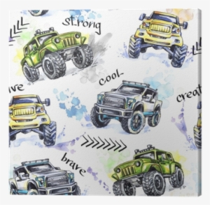 Watercolor Seamless Pattern Cartoon Monster Trucks - Watercolor Painting #83581