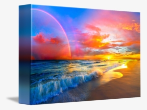 Pink Sunset Beach With Rainbow And Ocean Waves By Eszra - Pink Sunset ...