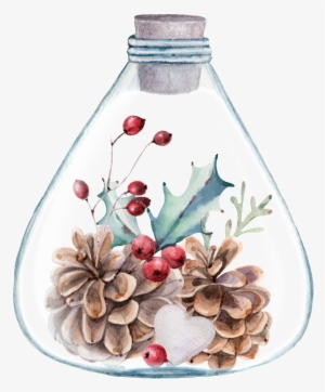 Beautiful Painted Flowers And Plants Bottle Png - Aquarell-stechpalmen-beeren-kiefern-kegel-adresse Runder #84222