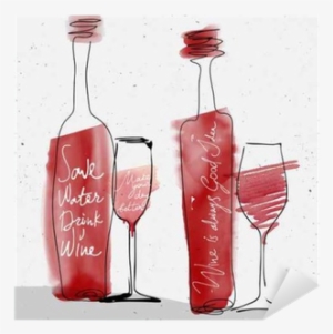 Wine Glass And Bottle, Red Watercolor Sketched Silhouette - Watercolor Painting #88121