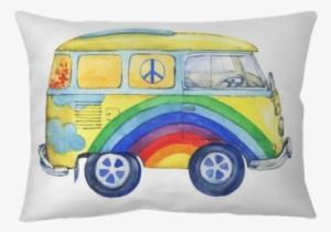 Old-fashioned Yellow Hippie Сamper Bus, Painted In - Watercolor Painting #89624