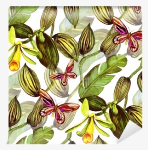 Seamless Pattern With Tropical Leaves And Vanilla Orchid - Orchids #802336