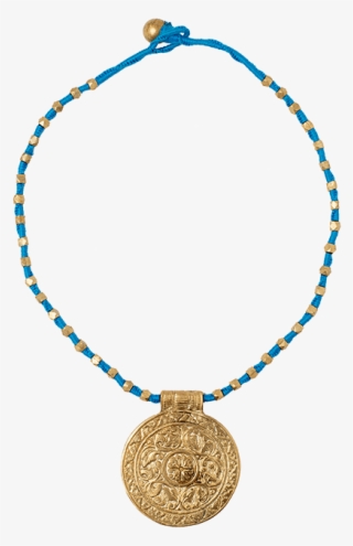 Dhokra Sky Blue Necklace With Round Golden Pendant - Pendant #8014203