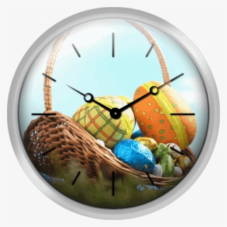Easter Eggs In Basket On Grass Ground View - Wall Clock #8089786