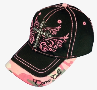 Camo Cutie Cap Ladies Black Pink Rhinestone Cross Ball - Baseball Cap #8117257