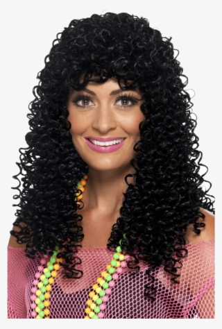 Adult 80's Wet Look Pop Star Black Wig - 90's Female Pop Star Fancy Dress #8195929