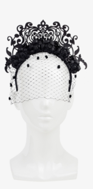 Black Leather Flower And Laser Cut Headband With Veil - Headpiece #822566