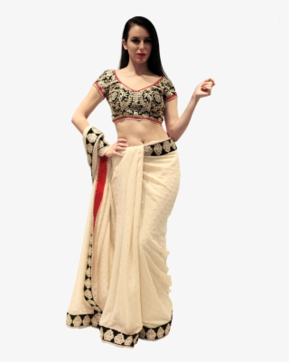 Jpg Royalty Free Beige Saree With Velvet Blouse Maheka - Model With Saree Png #8306814