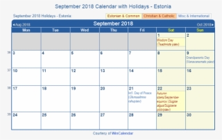 Print Friendly September 2018 Estonia Calendar For - Family Day 2019 Canada #8311728