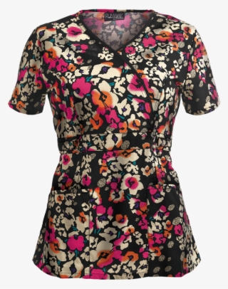 Cherokee Runway Scrubs Floral Cheetah Mock Wrap Print - Blouse #8341978