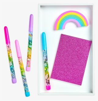 4 Rainbow Glitter Wand Ballpoint Pens Shown With Pink - Art Paper #8470764