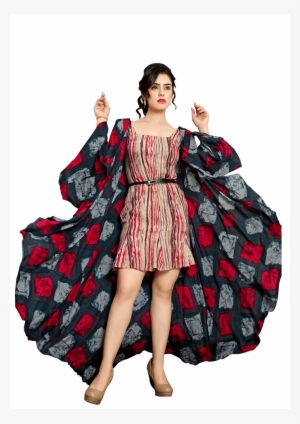 Stripes Printed Dress With Flared Cold Shoulder Shrug - Shrug #851180