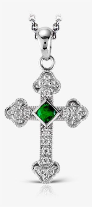 Zeghani 14k White Gold Cross Pendant With Emerald Center - Pendant #853544