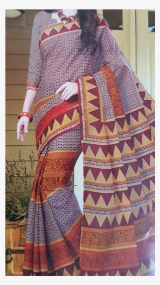 Red And Brown Print Cotton Saree , With Running Blouse - Stitch #8520586