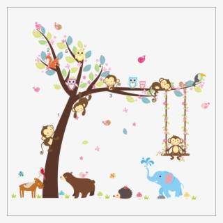 Elephant Bear Monkey Owl Squirrel Tree Forest Wall - Arbol Con Animales Dibujo #8533382