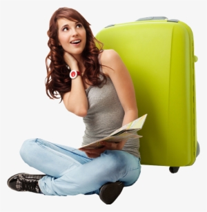 Woman Sitting Beside Her Travel Bag And Holding The - Tourist Woman Png #868432