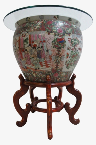 Vintage Asian Pottery Fish Bowl Stand Lamp End Table #8608529