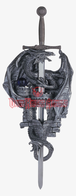 Dragon And Castle With Sword Wall Plaque - Dragon #8615047