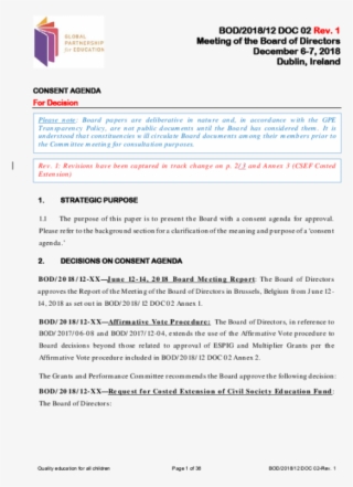 Consent Agenda For Board Of Directors' Meeting - Global Partnership For Education #8810610