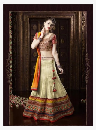 Astounding Cream Patch Border Work Banarasi Silk A - Chiffon Lehenga Choli Online #8931040
