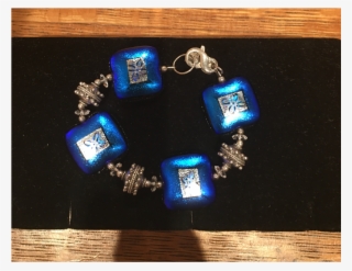 Blue Square Flower Etched High Glass Bead Bracelet - Wood #8952619