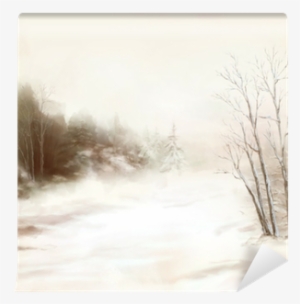 Winter River Birds Watercolor Landscape In Mist Wall - Watercolor Painting #99591