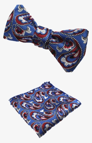 Blue, Red Paisley Bow Tie And Pocket Square - Silk #9003430