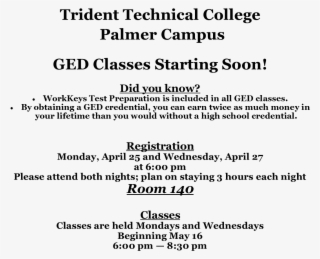 Ged Classes At Palmer Campus Starting Soon - Document #9076260