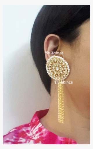 Big Flower Stud With Gold Chain Earrings,kundan Earrings,ethnic - Kundan Big Stud Earrings #9085199