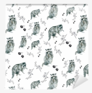 Raccoons And Small Branches, Berries - Watercolor Painting #913616