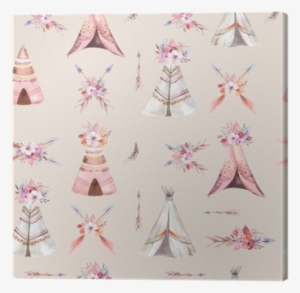 Hand Drawn Watercolor Tribal Teepee Seamless Pattern, - Tipi #916129