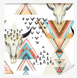 Abstract Watercolor Animal Skull And Geometric Ornament - Watercolor Background Aztec #919090