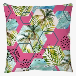 Watercolor Tropical Leaves And Palm Trees In Geometric - Obraz W Ramie Palma Liść F1baa120x80-2897 #919200