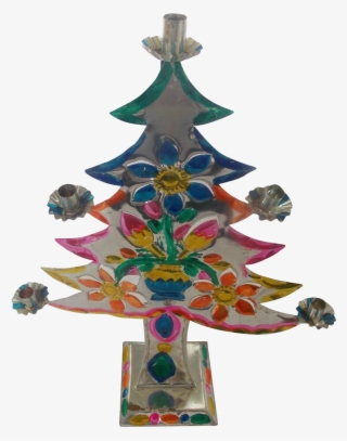 Vintage Folk Art Cut Tin Candelabra With - Christmas Tree #9109557