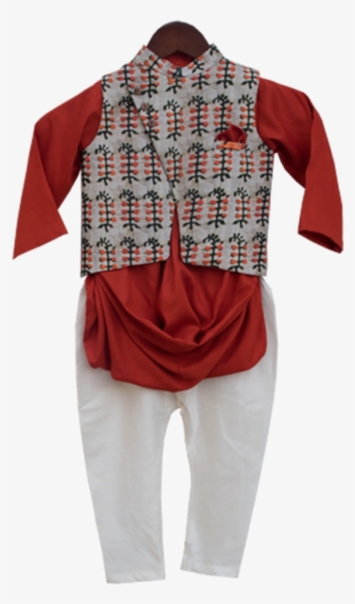 Red Kurta With Printed Nehru Jacket - Blouse #9141941