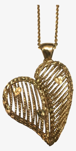 14 K Yellow Gold Fancy Wire Puffed Heart Necklace Found - Locket #9191332