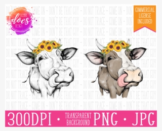 Female/heifer Hand Drawn Cow Sunflowers/horns/tongue - Drawing #9193477