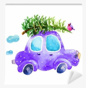 Watercolor Winter Retro Car With Christmas Tree And - Christmas Tree On Car Drawing #935881