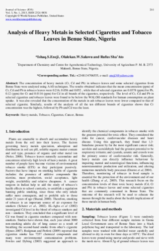 Analysis Of Heavy Metals In Selected Cigarettes And - Document #9388343
