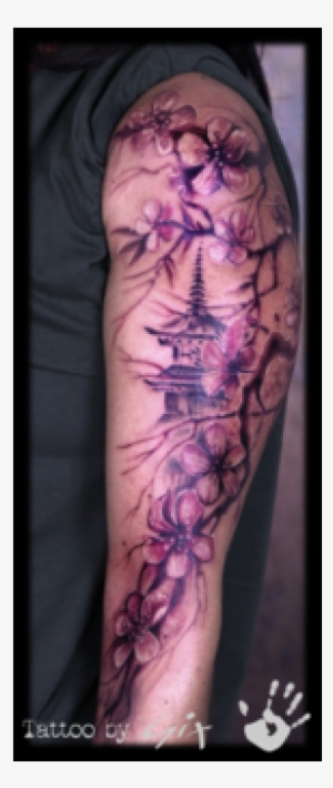 Cherry Blossom Temple Japanese Arm Color Arm - Tattoo Temple Cherry Blossoms #942977