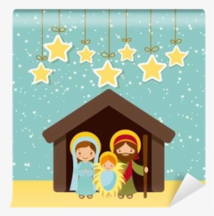 Holy Family Manger Scene And Decorative Stars Hanging - Vector Graphics #949106