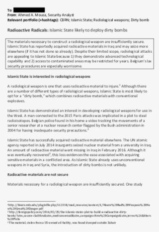 Islamic State Likely To Deploy Dirty Bombs - Quality Improvement Paper Outline #9414767