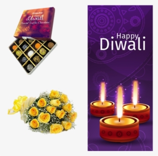 Vivid Yellow Diwali Truffles Combo With Roses - Chocolate Gift Pack For Diwali #9432463