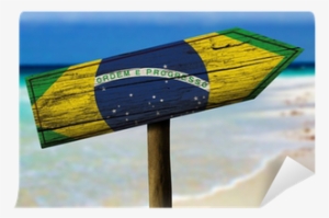 Brazil Flag Wooden Sign With A Beach On Background - Viagem Pelo Brasil #950793