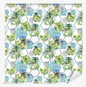 Watercolor Tropical Leaves And Palm Trees In Geometric - Placemat #954486