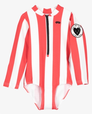 Zip Front Swimsuit Longsleeve Ecru Tomato Red Stripes - Collar #9501508