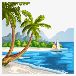 Beach Boat Coconut Palms Sea Ocean Water Summer Scenery - Scenery Of Beach Drawing #9513562 Beach Boat Coconut Palms Sea Ocean Water Summer Scenery - Scenery Of Beach Drawing #9513562